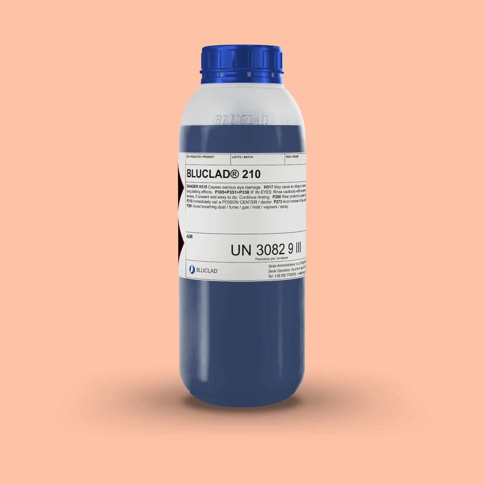 Flacone BLUCLAD® 210 su sfondo nel colore del deposito