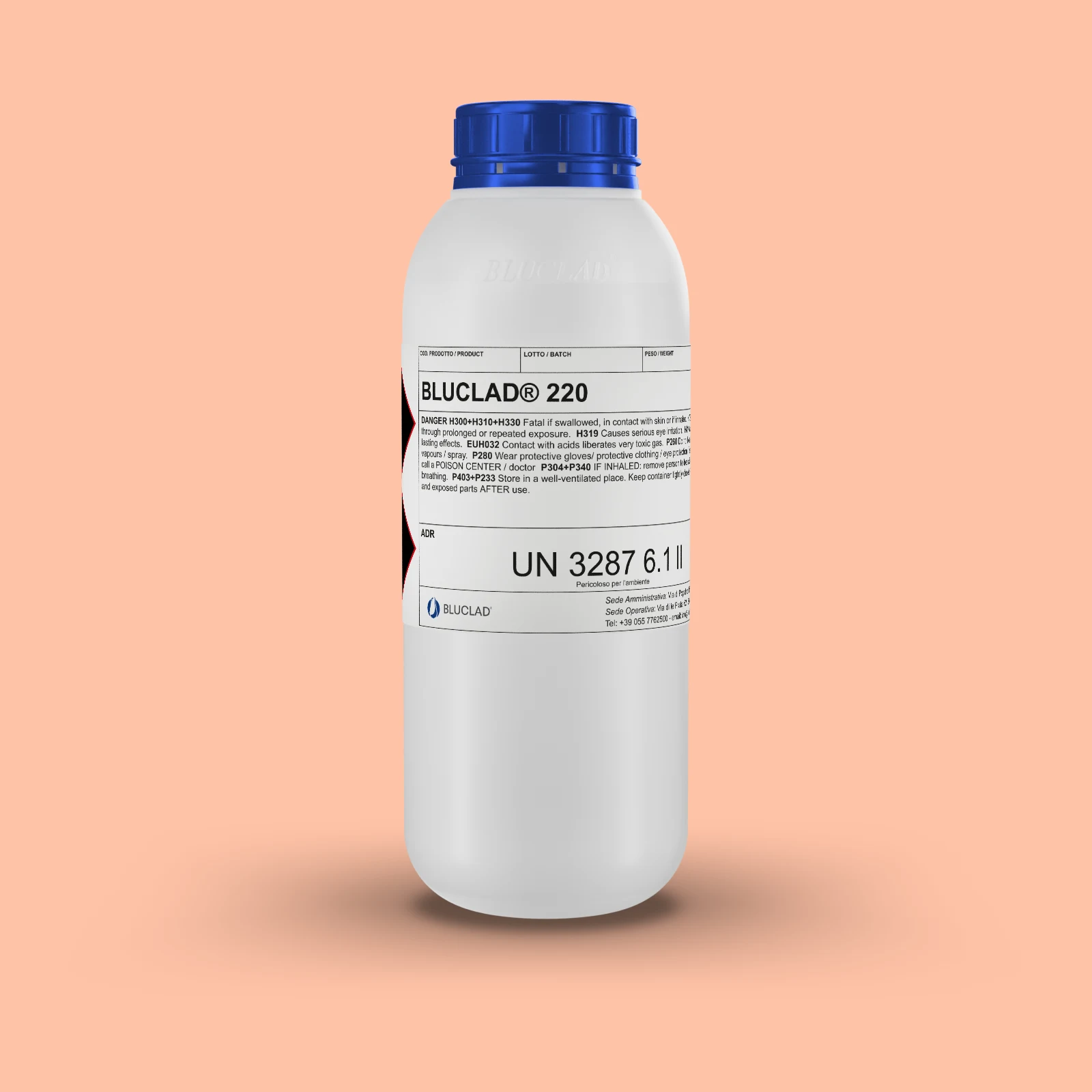 Flacone BLUCLAD® 220 su sfondo nel colore del deposito
