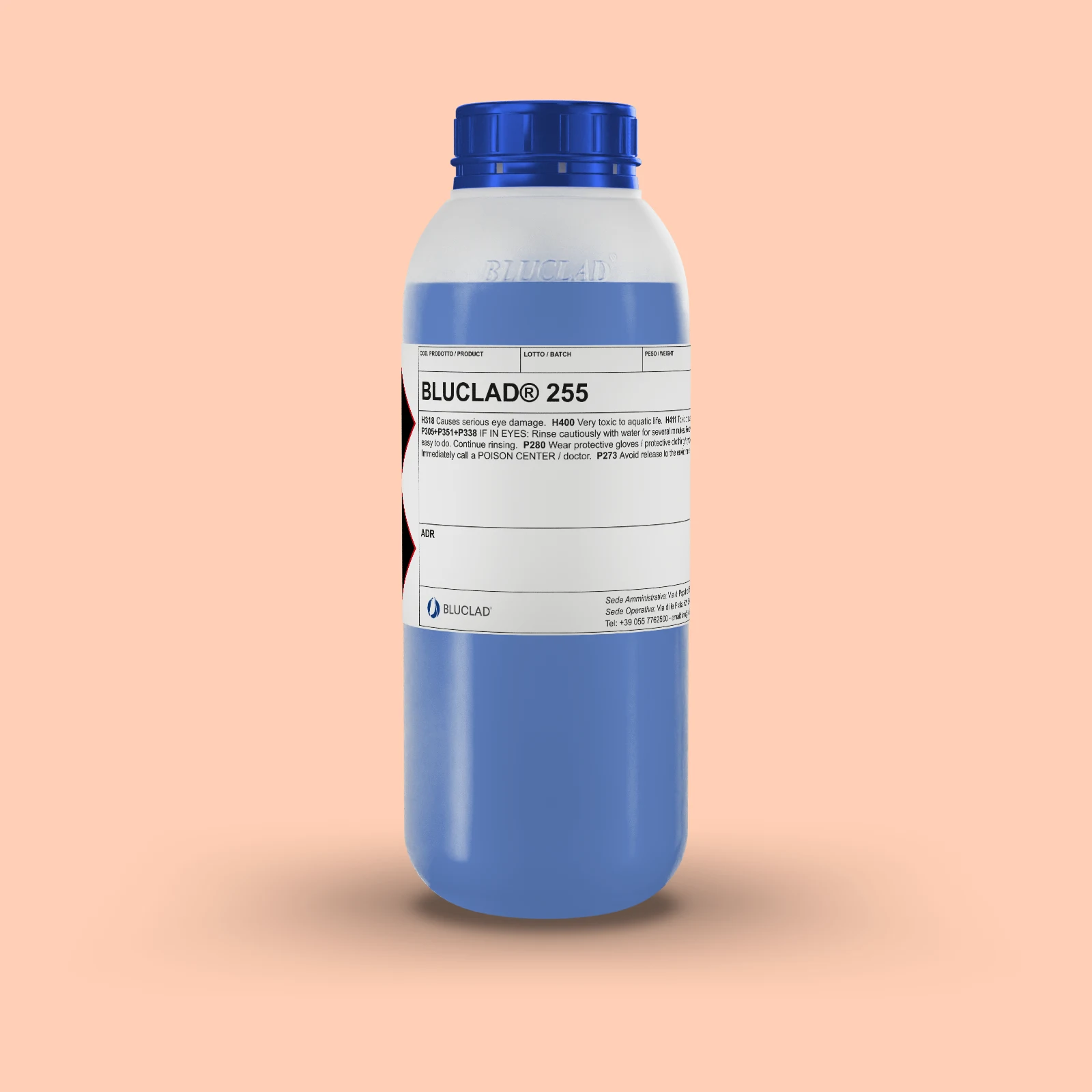 Flacone BLUCLAD® 255 su sfondo nel colore del deposito