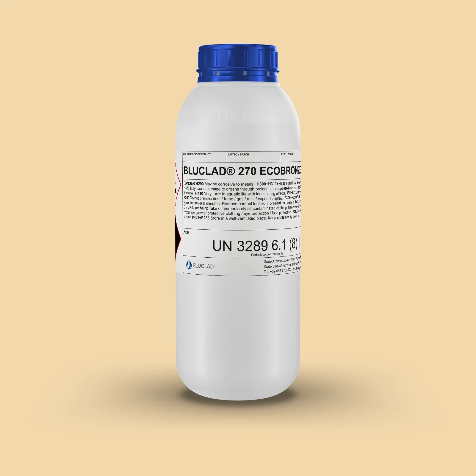 Flacone BLUCLAD® 270 ECOBRONZE GL su sfondo nel colore del deposito