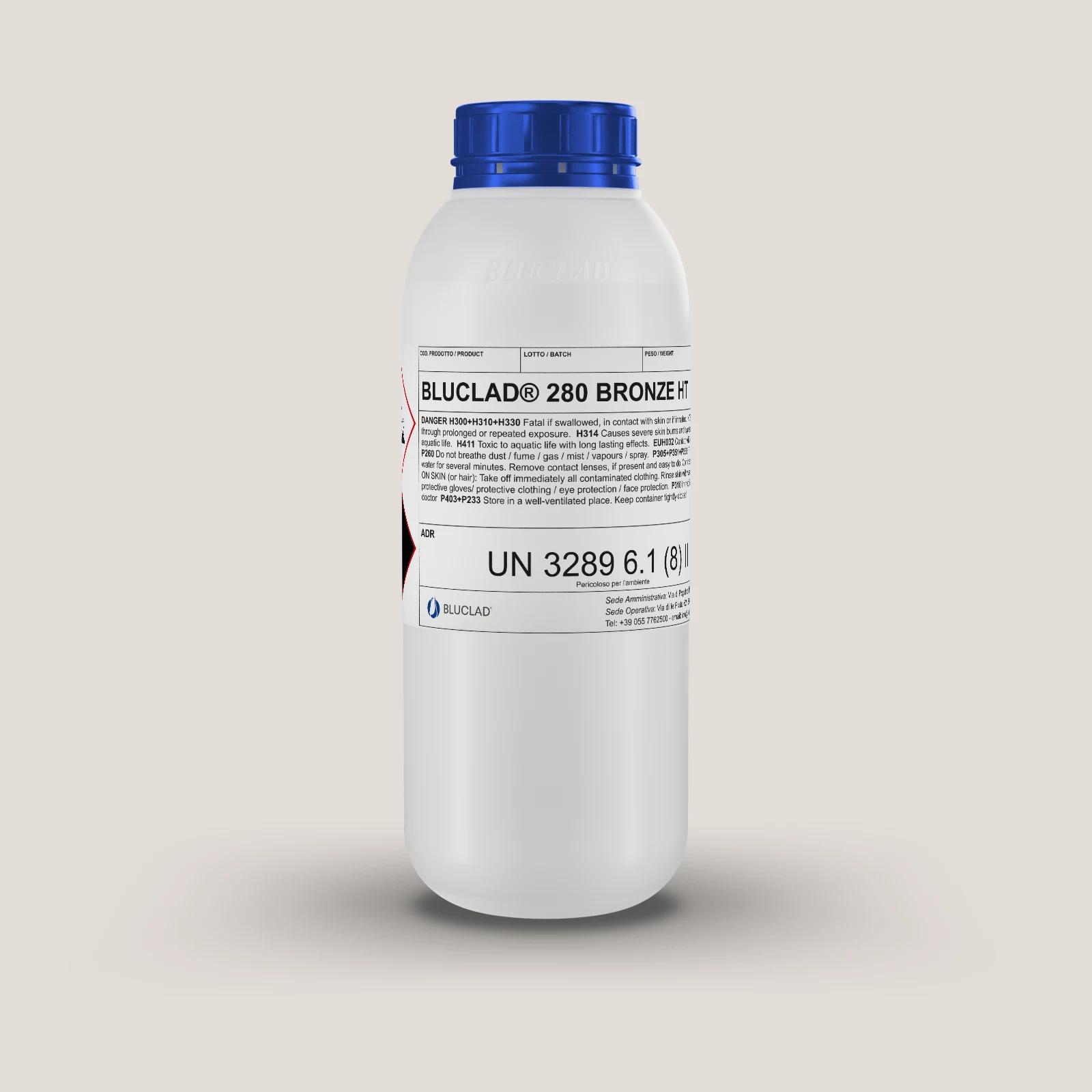 Flacone BLUCLAD® 280 BRONZE HT su sfondo nel colore del deposito
