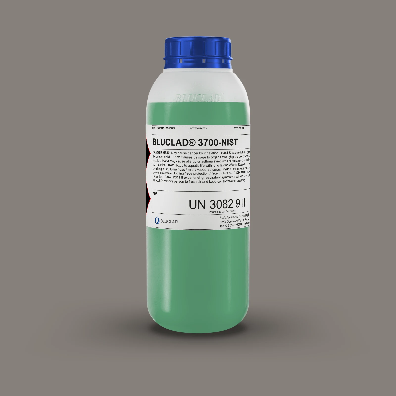 Frasco BLUCLAD® 3700-NIST sobre fundo da cor do depósito