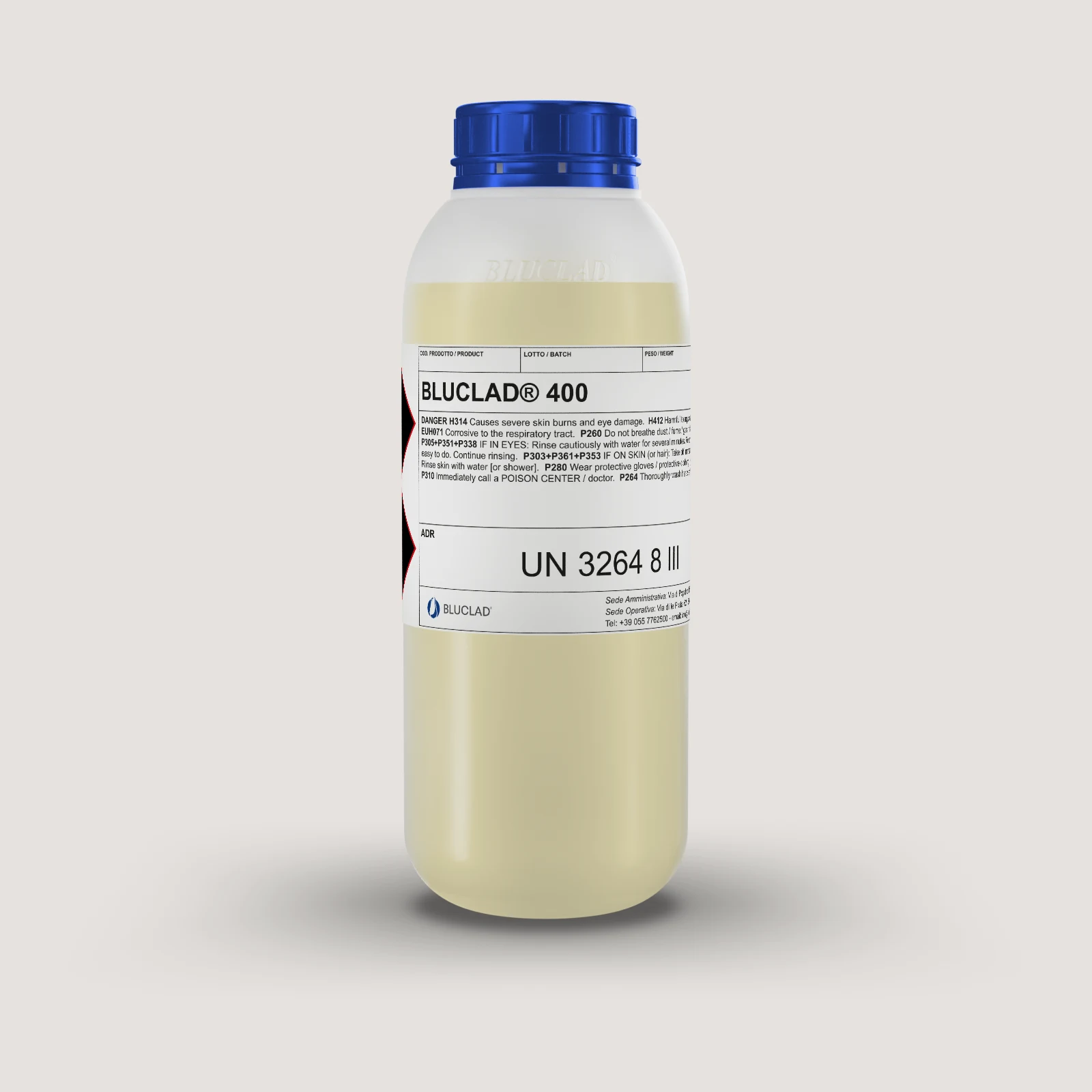 Flacone BLUCLAD® 400 su sfondo nel colore del deposito
