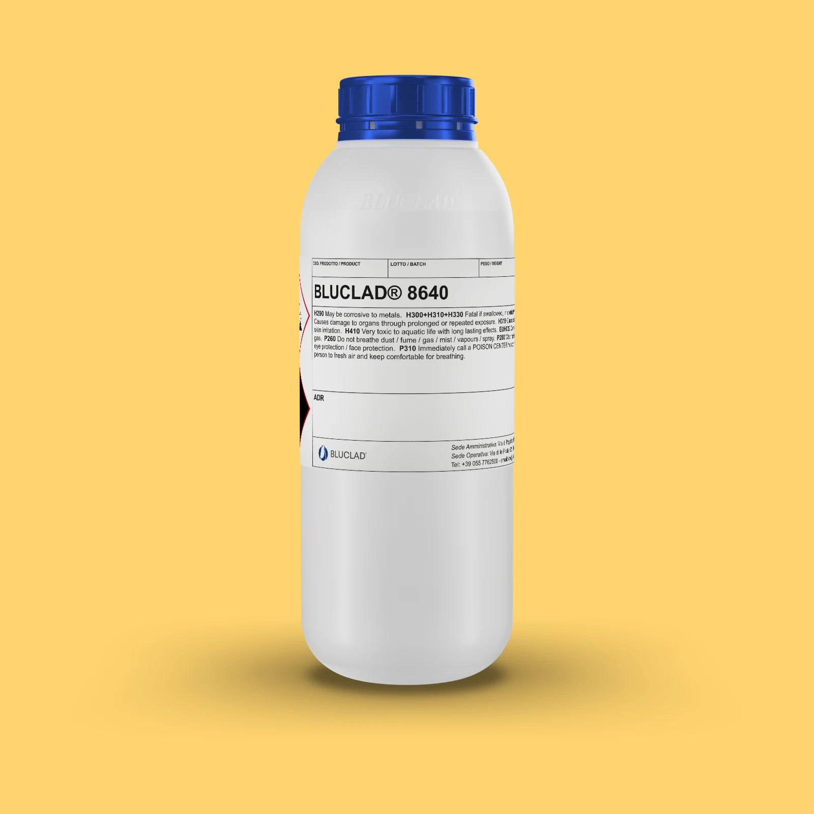 Flacone BLUCLAD® 8640 su sfondo nel colore del deposito