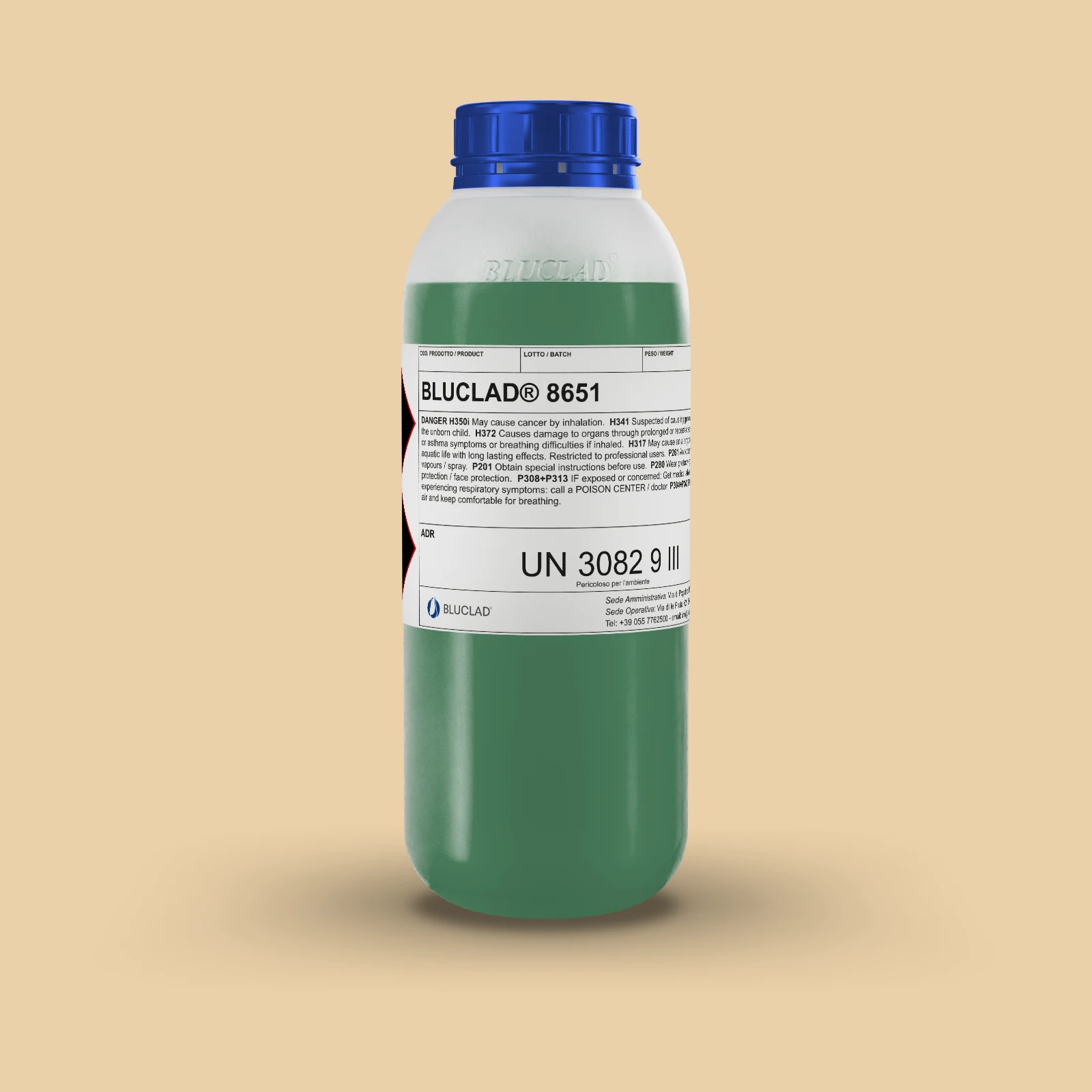 BLUCLAD® 8651 bottle on a background in the colour of the deposit