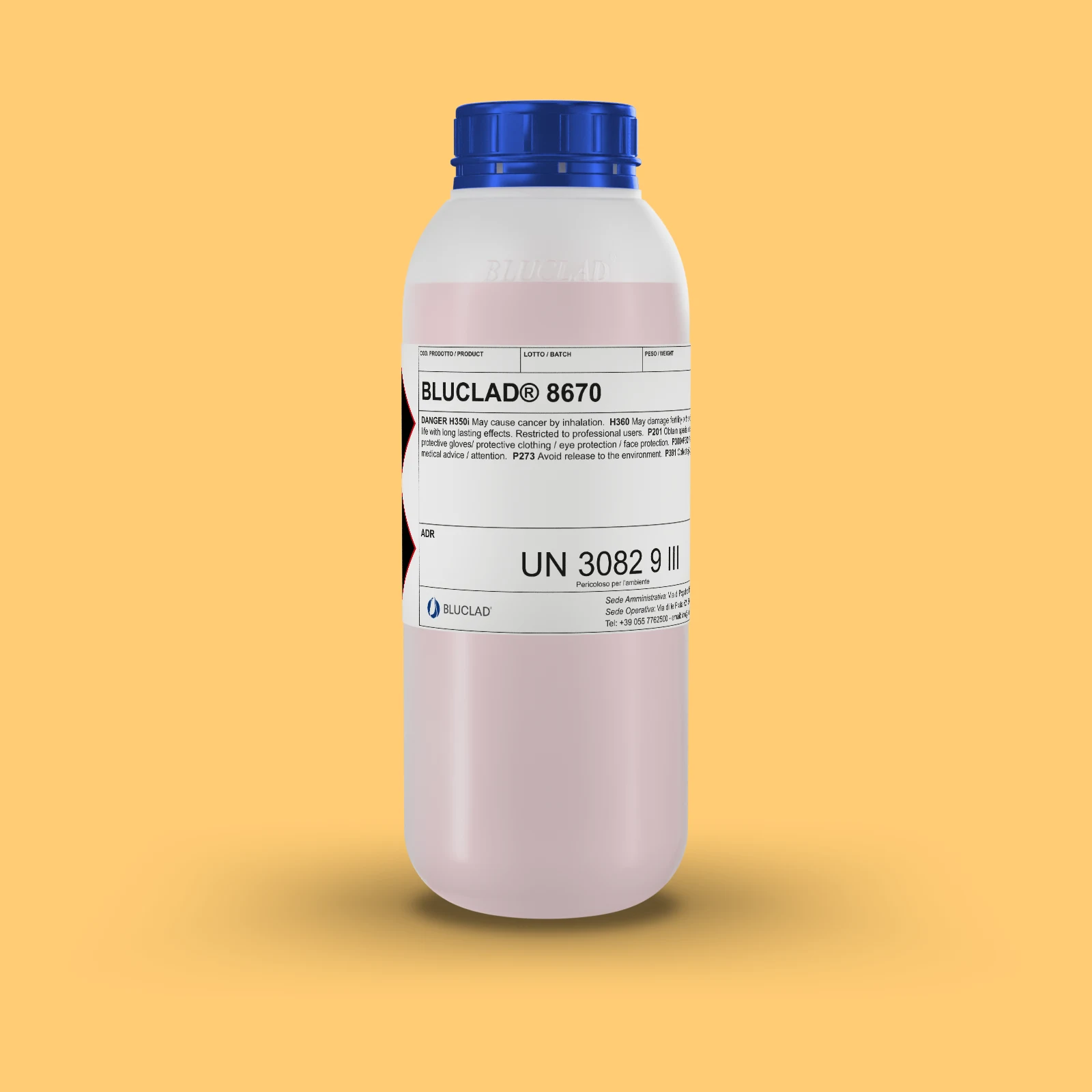 Flacone BLUCLAD® 8670 su sfondo nel colore del deposito