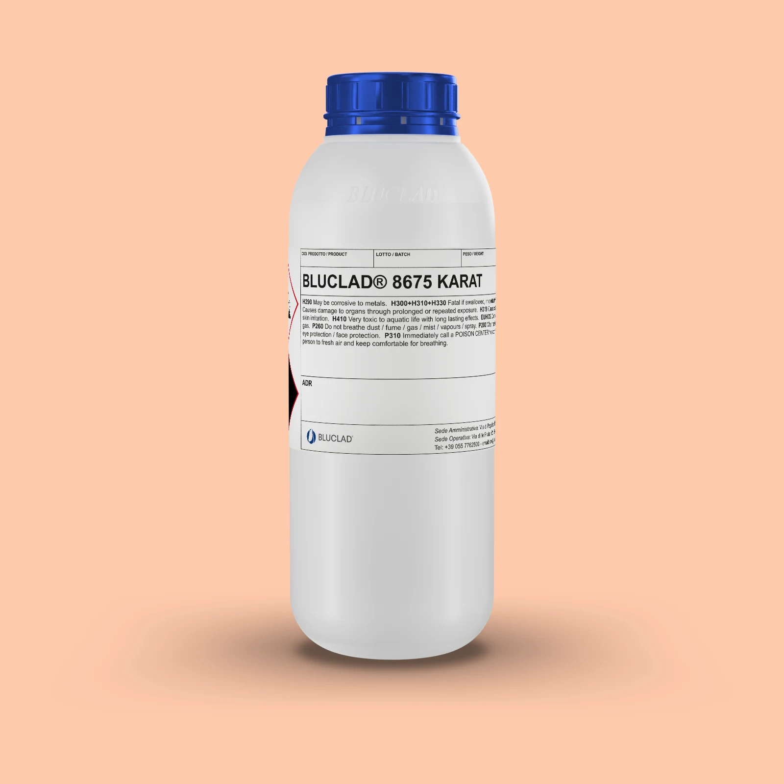 Frasco BLUCLAD® 8675 KARAT sobre fundo da cor do depósito