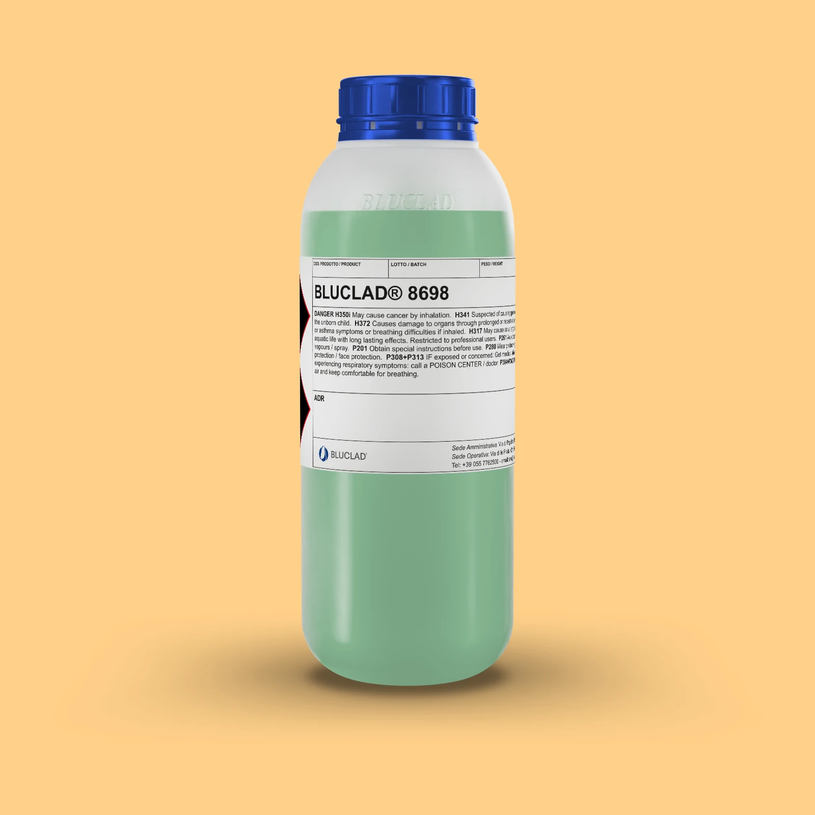 Flacone BLUCLAD® 8698 su sfondo nel colore del deposito