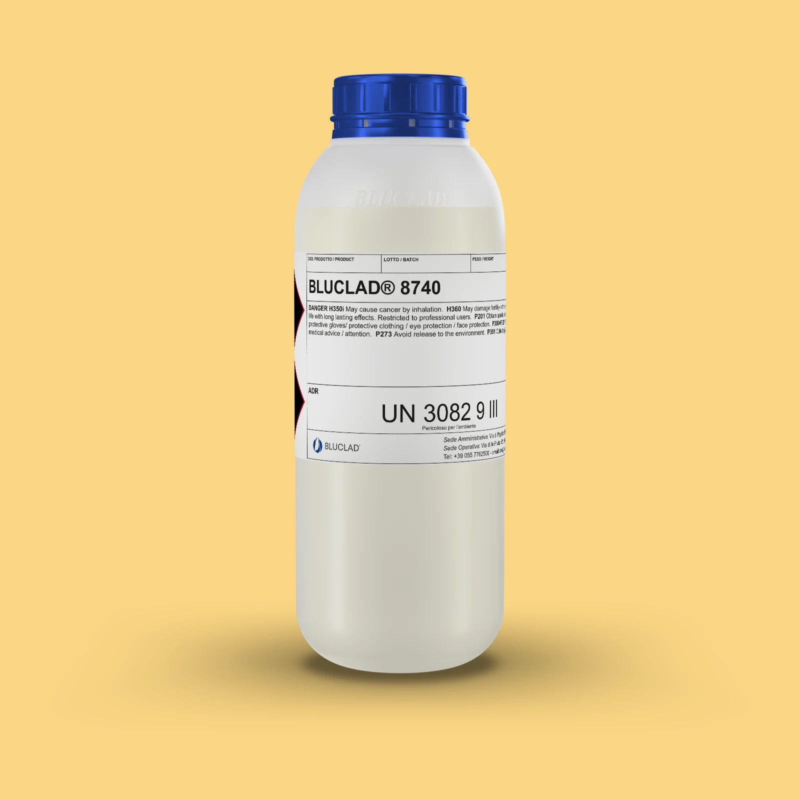 Flacone BLUCLAD® 8740 su sfondo nel colore del deposito