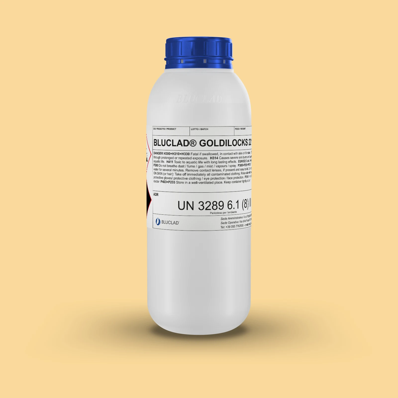 Flacone BLUCLAD® GOLDILOCKS 221 su sfondo nel colore del deposito