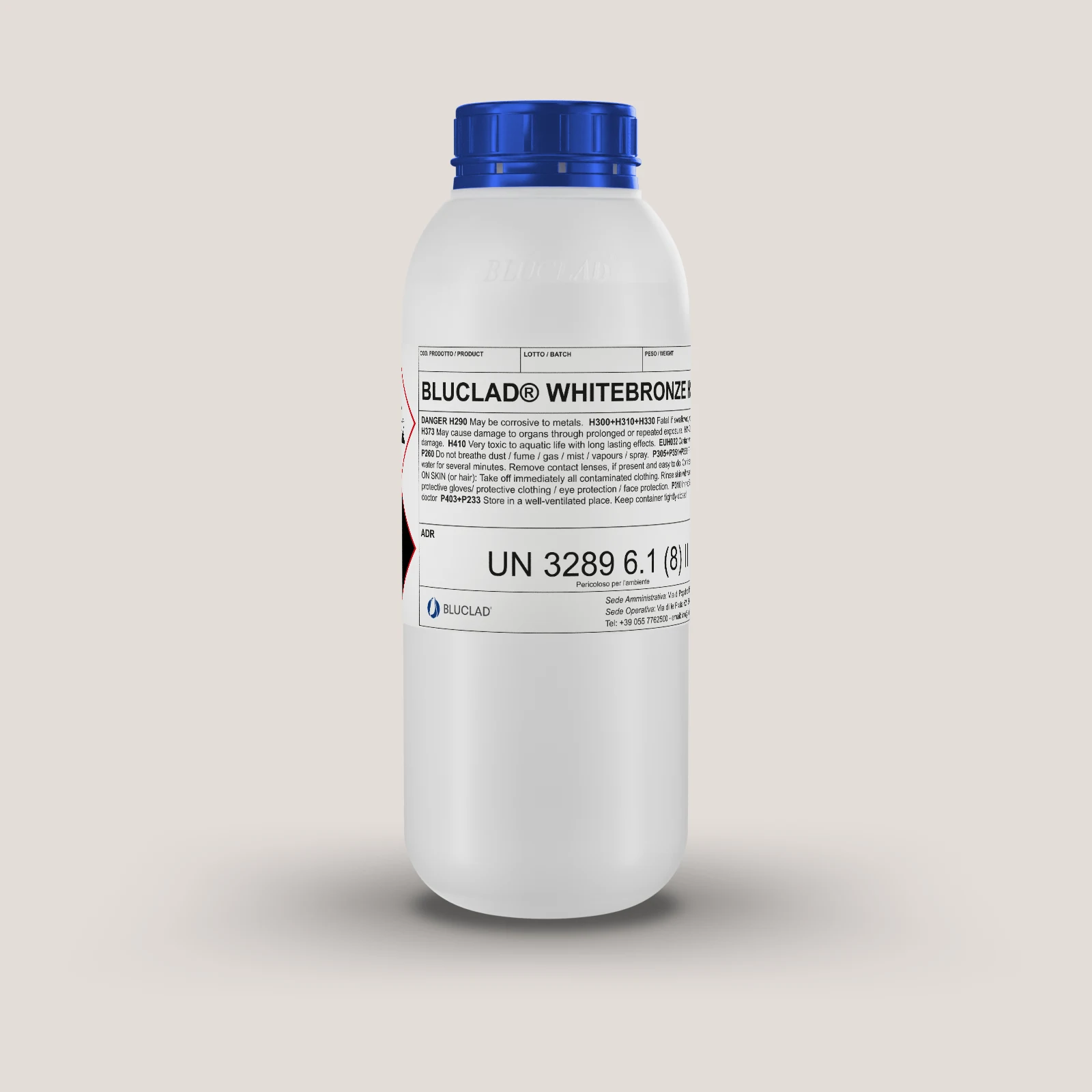 Flacon BLUCLAD® WHITEBRONZE HS sur fond de la couleur du dépôt