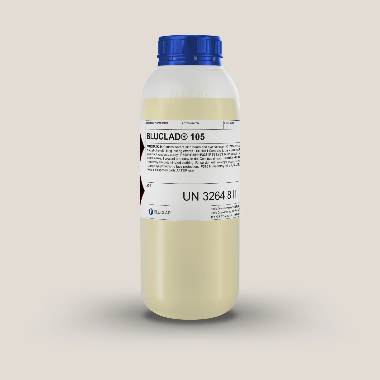 Flacone BLUCLAD® 105 su sfondo nel colore del deposito