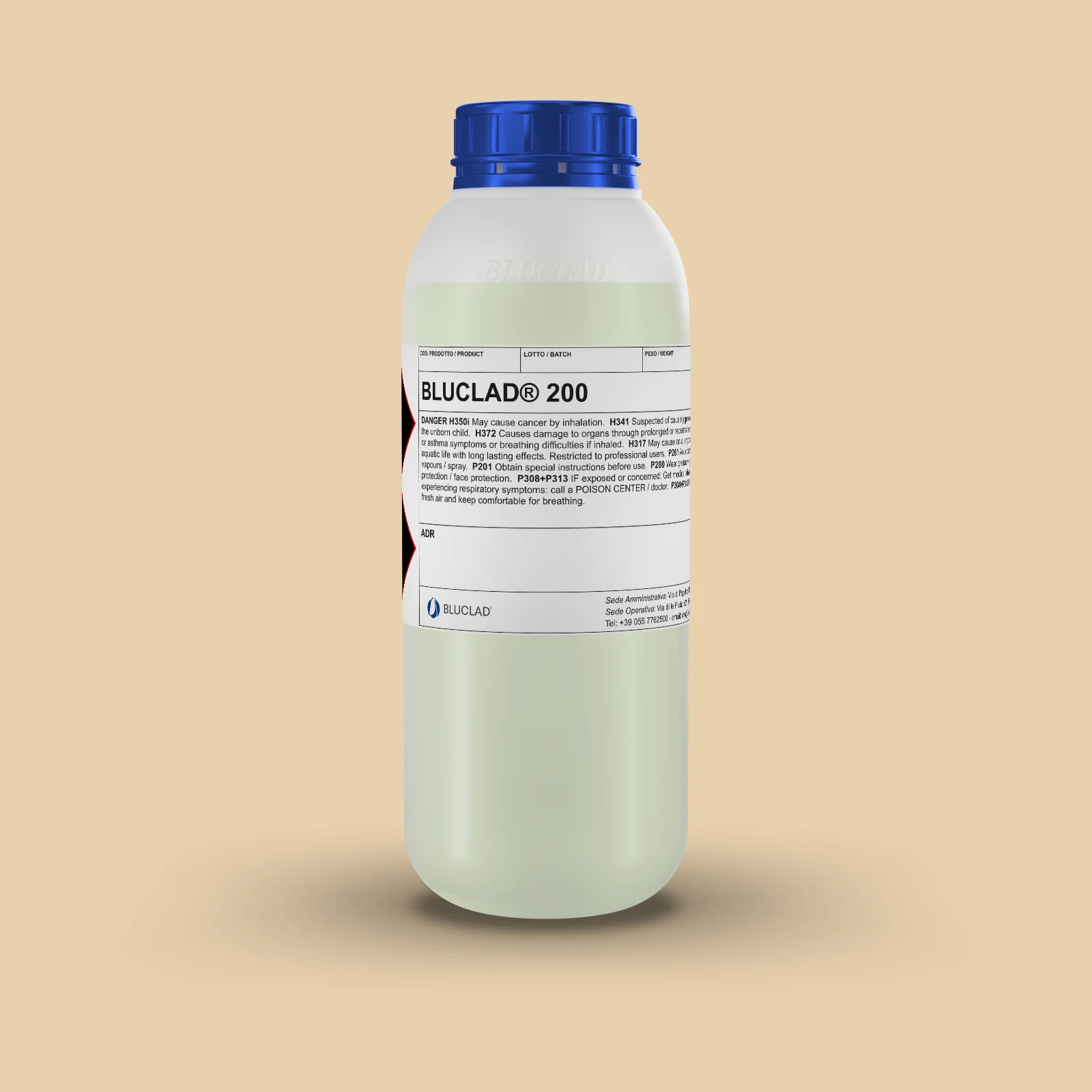 Flacone BLUCLAD® 200 su sfondo nel colore del deposito