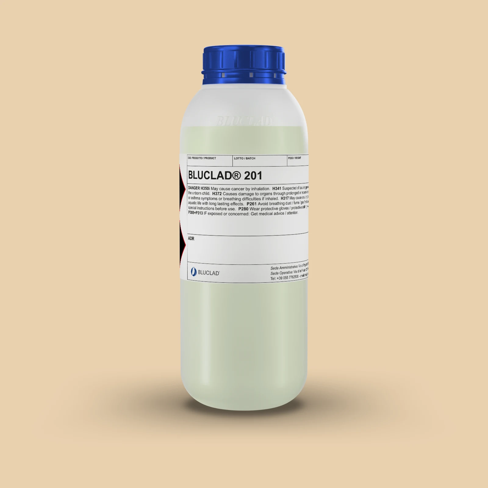 Flacone BLUCLAD® 201 su sfondo nel colore del deposito