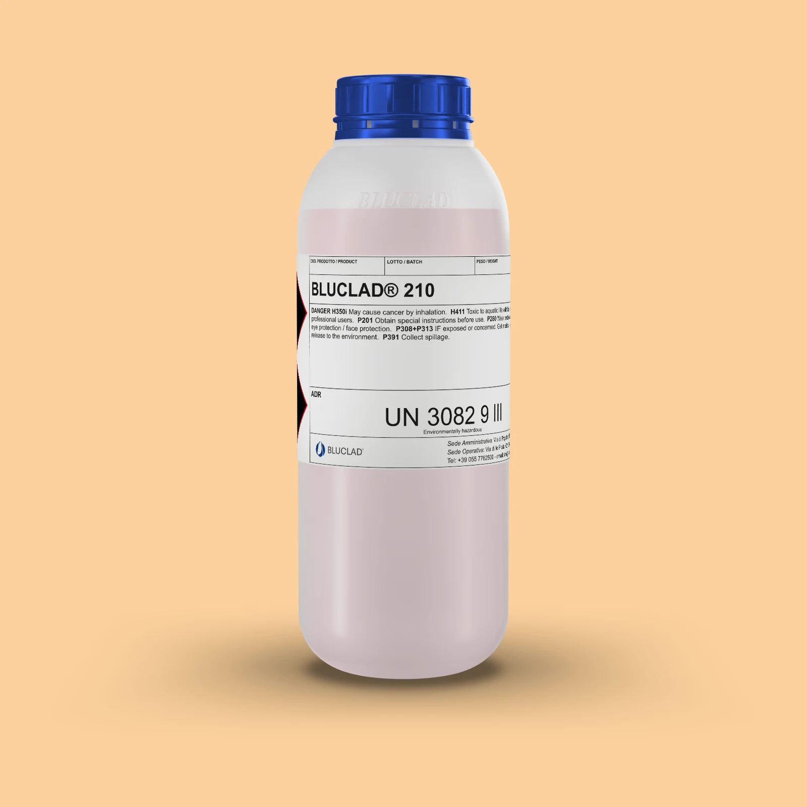 Flacone BLUCLAD® 210 su sfondo nel colore del deposito