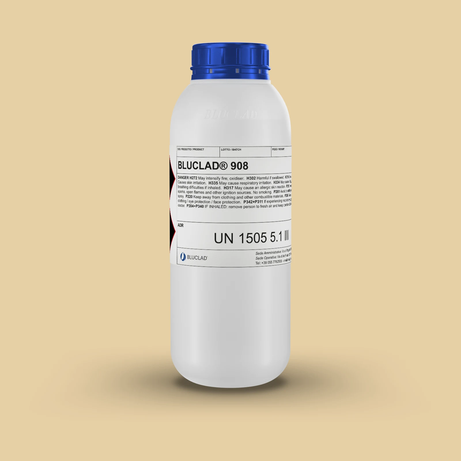 Flacone BLUCLAD® 908 su sfondo nel colore del deposito